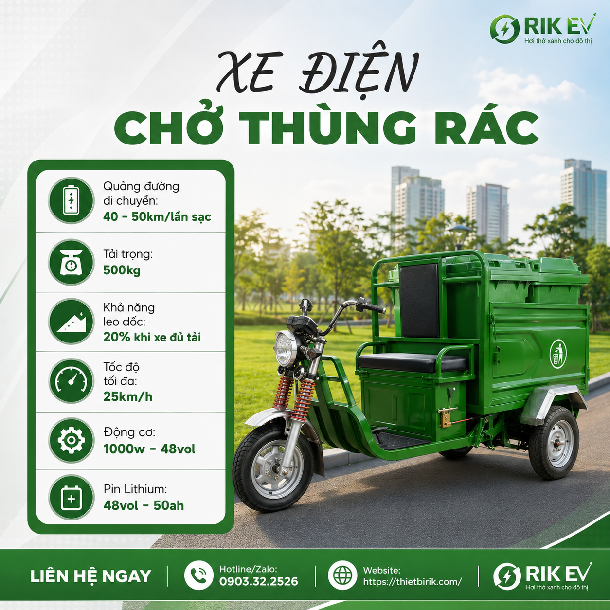 Xe điện 3 bánh chở thùng rác 240l