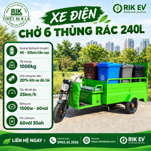 Xe điện 3 bánh chở 6 thùng rác 240l