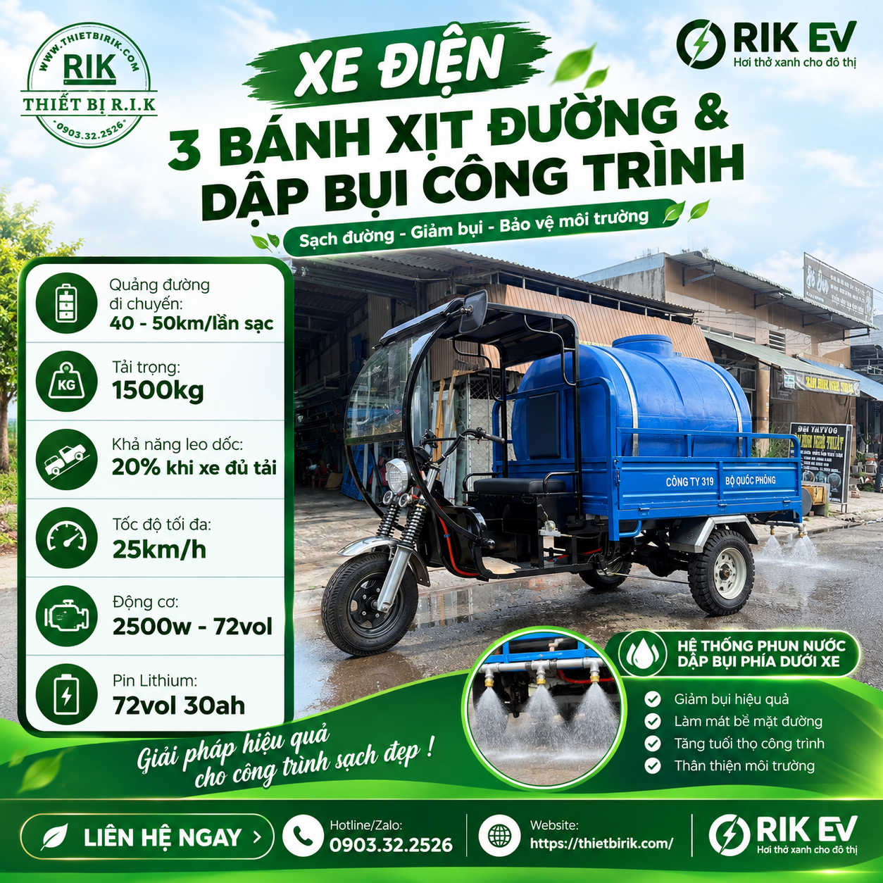 Xe điện 3 bánh xịt đường & dập bụi công trình
